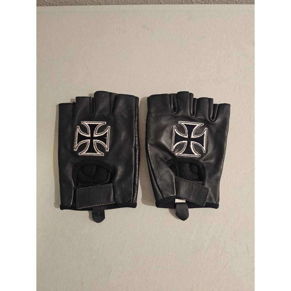 Leather XXL Fingerless Biker Gloves Black Iron Cross Embroidery